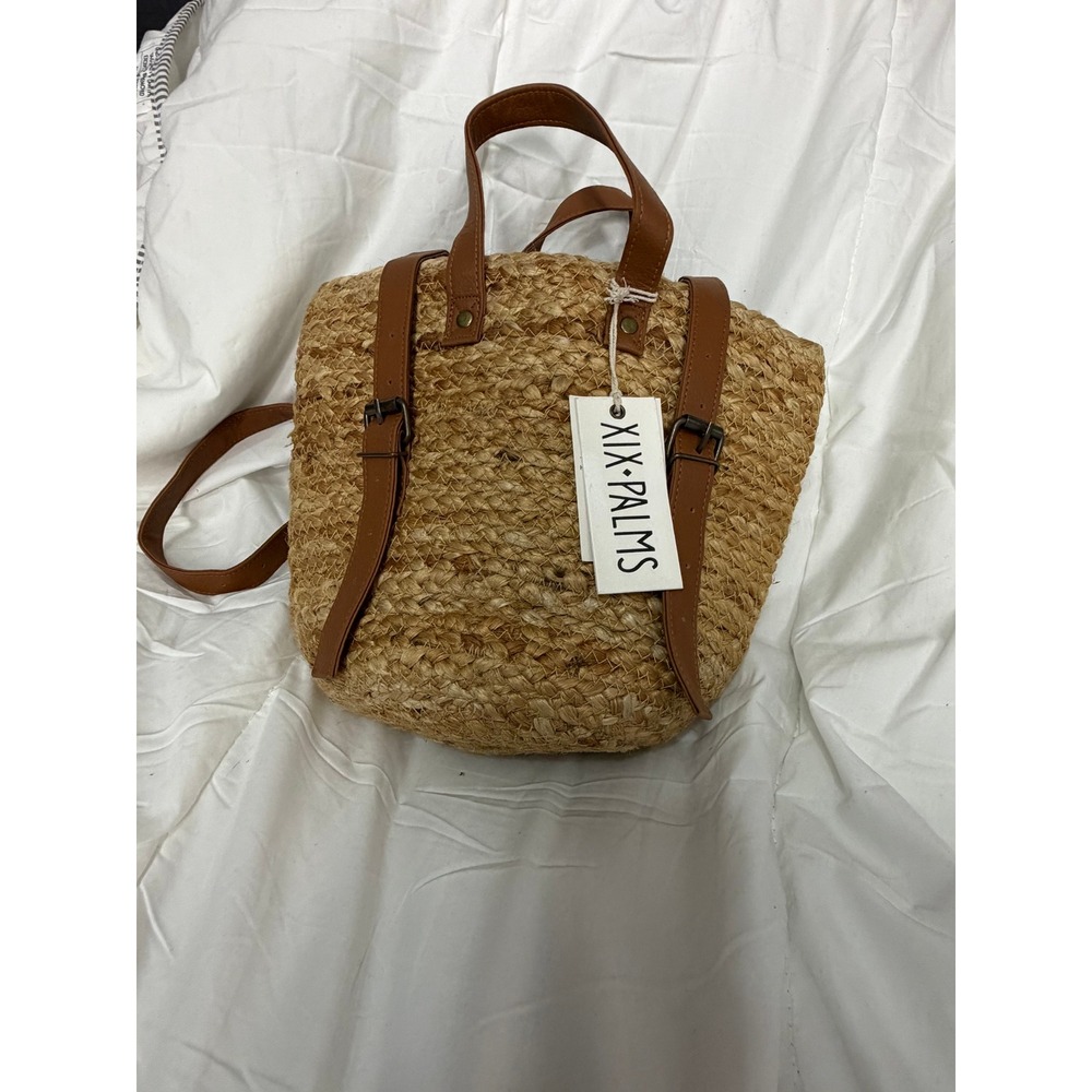 XIX Palms Woven Straw Backpack Brown Faux‎ Leather Straps Palm Print Lining NWT